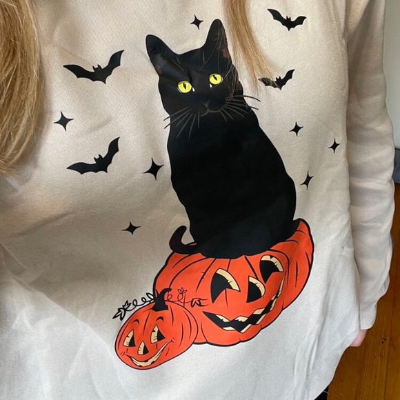 New Plus Halloween Black Cat Orange Pumpkin Print Thermal Lined Cream Sweatshirt - Picture 3 of 11